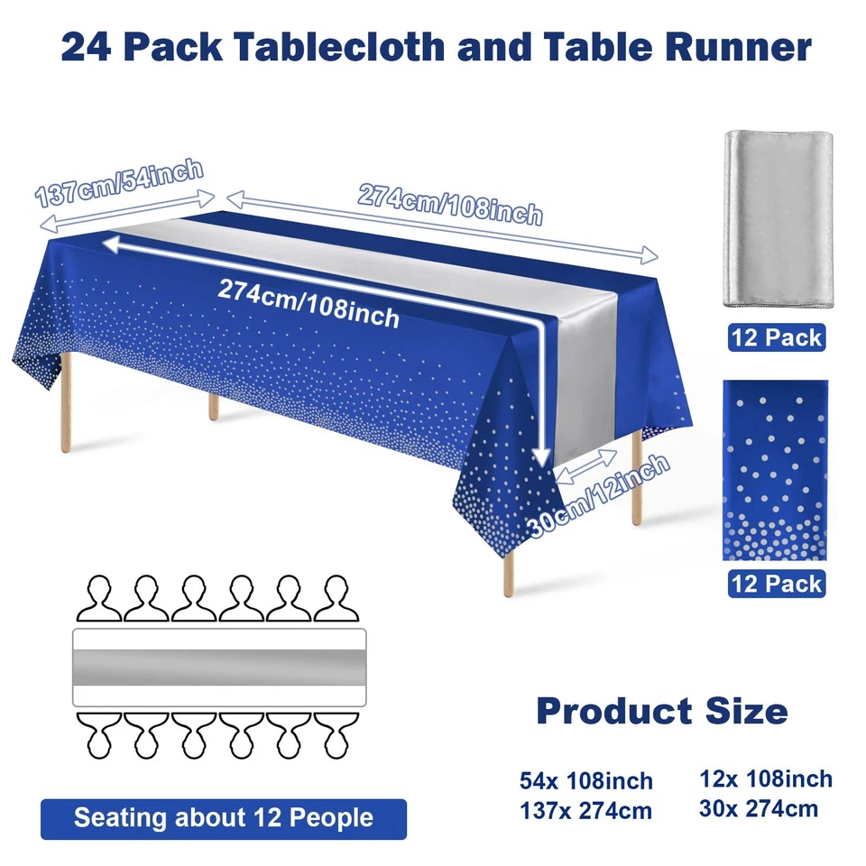24Pack Disposable Plastic Tablecloths and Satin Table Runner Set Blue and Sil... - Image 2 of 4