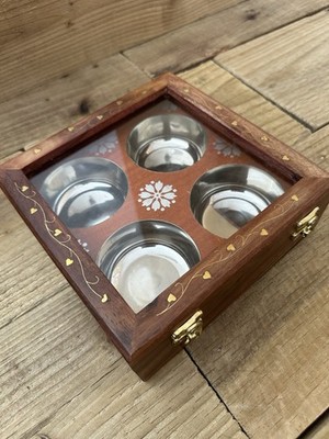 Handgefertigte Rosenholz Masala Gewürzbox Glasdeckel 4 Stahlfächer Aufbewahrung