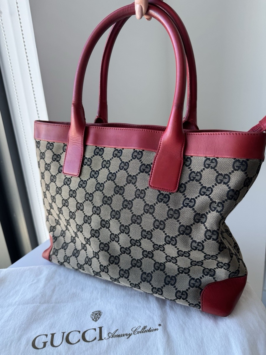 GUCCI Tote Bag GG Pattern Canvas Leather Beige Red Authentic | eBay