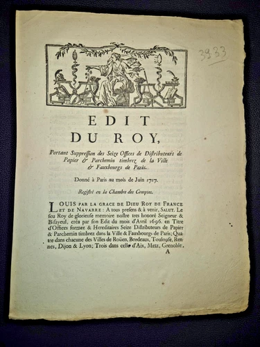 ÉDIT DU ROI 1717 Louis XV Régence - Papier Timbré Paris Parchemin Acte Royal