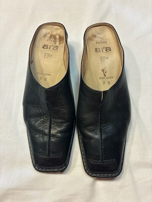 Ara Relax Flex Black Leather Square Toe Mules Heeled Slides Size 7G