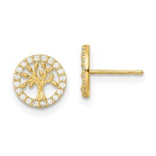 Real 14kt Yellow Gold Madi K Polished White CZ Tree of Life Post Earrings