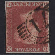 I4_07 GB QV 1841 1d RED-BROWN PL 164 SG8-B1(1) 'QE' VFU 4M IMPERF WMK INVERTED
