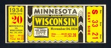 1934 MINNESOTA GOPHERS NATIONAL CHAMPIONS 34-0 VS WISCONSIN FULL FOOTBALL TICKET