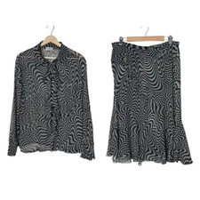 Basler Polka Dot Psychedelic Ruffle Sheer Blouse Midi Skirt Set Size 14 Black