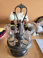 Antique  Silverplate 5 Piece Cruet CONDIMENT Set Bell Ringer Missing 1 Glass
