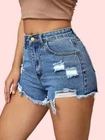 Ripped Holes Distressed Slash Pockets Blue Raw Hem Casual Denim Shorts Cotton
