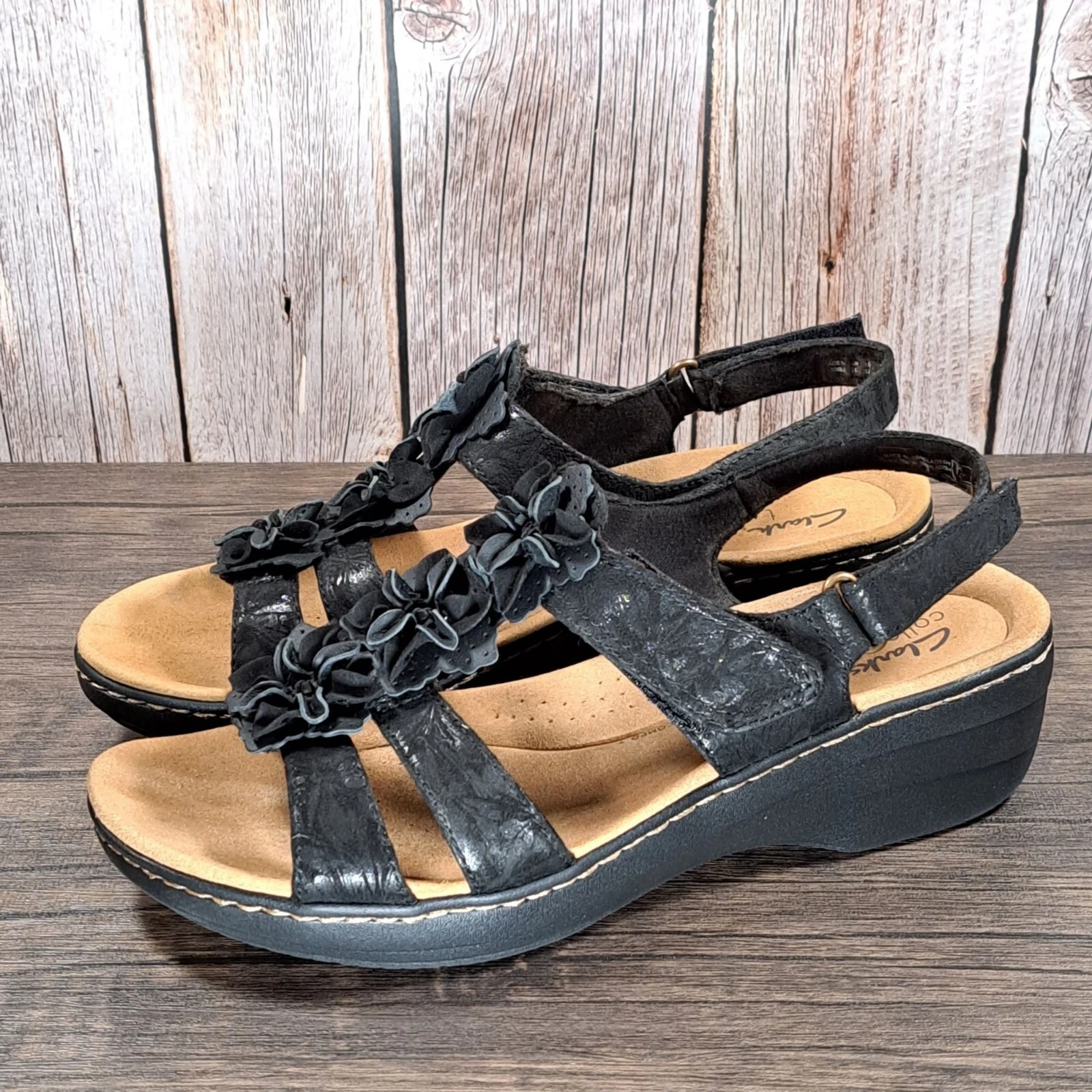 Sandali neri floreali Clarks Merliah Sheryl da donna taglia 10 M (GUC)