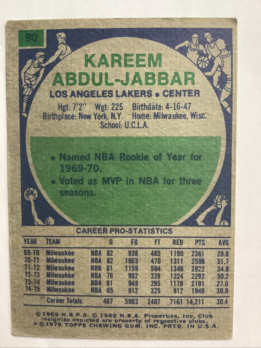 1975 Topps Kareem Abdul Jabbar #90 Lakers HOF | eBay
