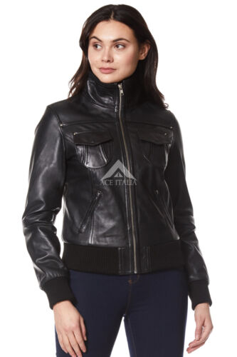 'FUSION' Ladies Black WASHED Leather Jacket Bomber Biker Motorcycle Style 3758 - Picture 1 of 10