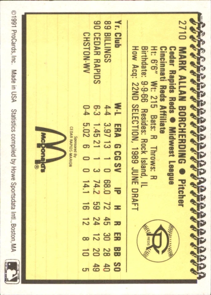 Mark Borcherding 1991 ProCards #2710 RC Cedar Rapids Reds *AutographDen* - Image 2 of 2