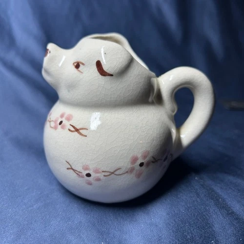 Shawnee Smiley Pig Pitcher with Pink Flowers 3 by 4 by 5 inches vintage