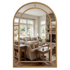36" x 24" Gold Arched Wall Mirror with Beaded Frame for Living Room, Entryway
