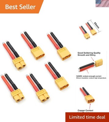 High-Performance 3 Pairs XT60 Connectors with 12AWG Silicone Wire - 55A Rating