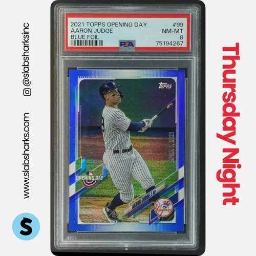 2021 TOPPS OPENING DAY #99 AARON JUDGE BLUE FOIL PSA 8
