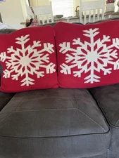 2 - Knitted Christmas decoration white snowflake on red Throw Pillow ...20x20