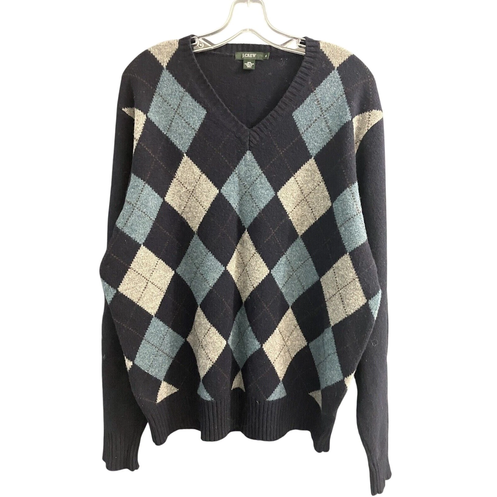 J Crew Mens 100% Lambswool Sweater XL Argyle Pullover Blue Diamond Sweater Vneck