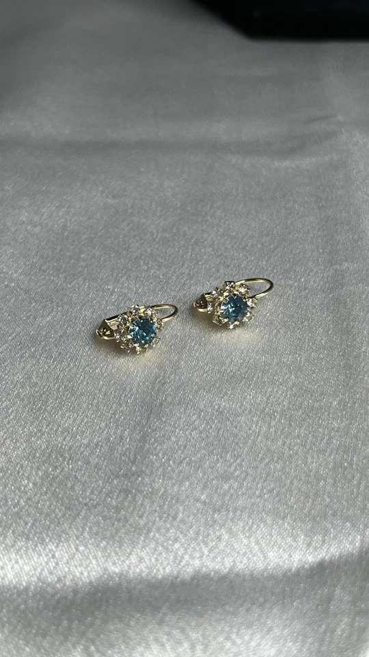 Gold Filled Brass Drop Earrings with Blue CZ Stone and Clear CZ Accents - Image 2 of 4