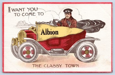 Albion Michigan Greetings From Pennant Old Car 1913 MI Postcard