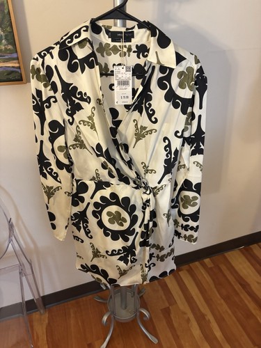 MANGO Women's Printed Long Sleeve Wrap Dress in Black / Beige Size XSMALL NEW - Picture 3 of 22