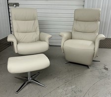 Ekornes IMG Space 2400 Leather Recline & Swivel Armchairs Pair NEW