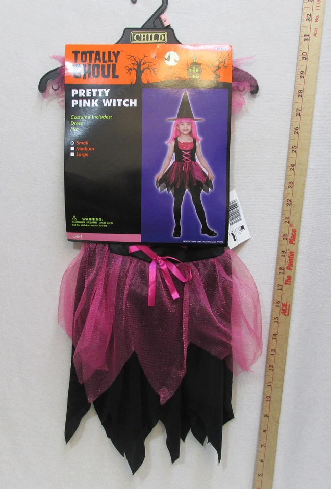 Bonita Bruja Rosa Halloween Disfraz Niñas Negro Vestido y Sombrero Totalmente Ghoul Foto 2 de 4