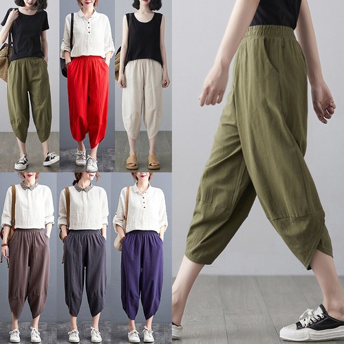 Womens Lady Cotton Linen Harem Pants Elastic Waist Loose Pants Wide Leg Trousers