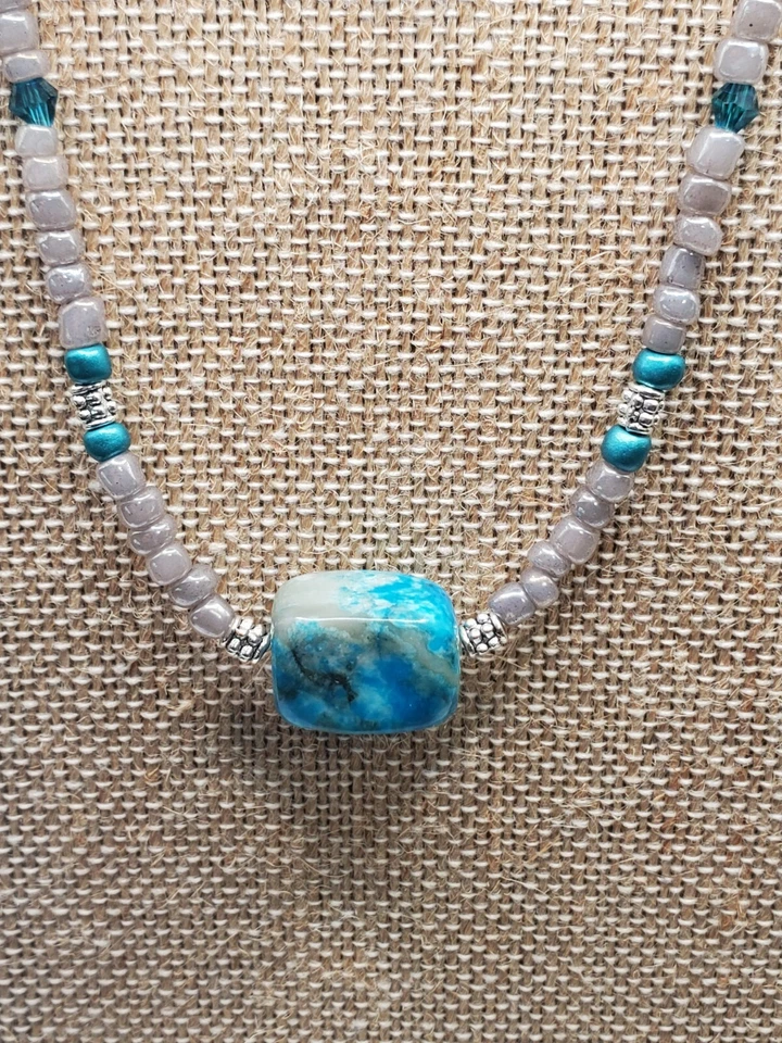 Gargantilla Collar Hippie Boho Cuentas Jaspe Aqua, Turquesa, Gris - Regalo de Moda Foto 3 de 4
