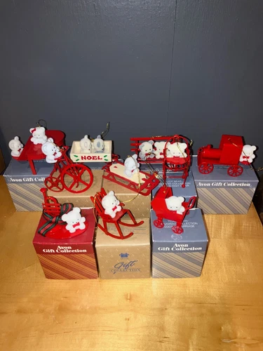 Lot of 10 Vintage Avon Flocked Teddies Teddy Bear Christmas Ornaments NEW