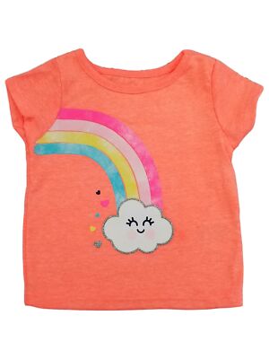 Infant & Toddler Girls Neon Coral Happy Cloud Rainbow Hearts Tee T-Shirt