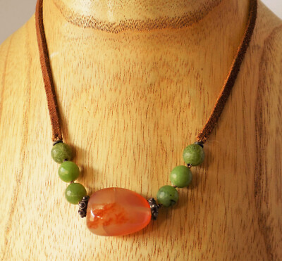 Unique Orange Carnelian Green Stone Leather Necklace Sterling Clasp Boho  Earth