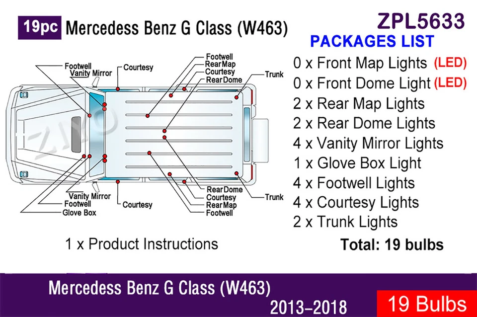 Kit de bombillas interiores LED de 19 piezas para Mercedes Benz Clase G 2013-2018 sin errores Foto 2 de 4