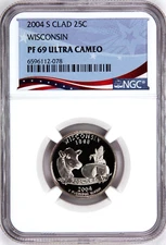 2004-S Proof State Quarter, Wisconsin,  PF69 Ultra Cameo NGC, Patriotic Label