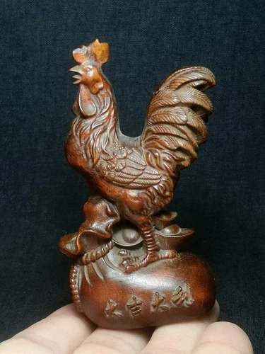 Chinese Boxwood Hand Carved Zodiac Cock figure Statue table Decoration - Bild 1 von 7