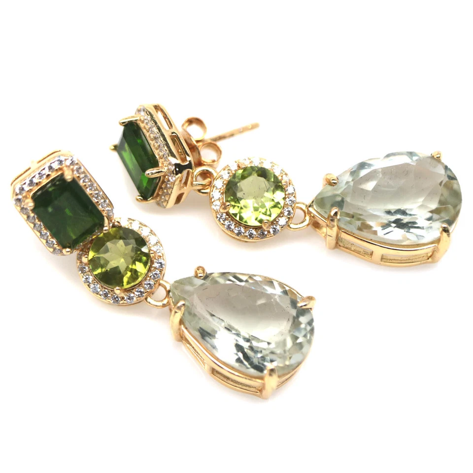 925 Silver Green Amethyst, Peridot, Chrome Diopside & Cubic Zirconia Earrings - Image 2 of 4
