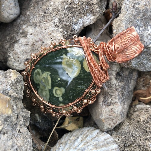 Rainforest Rhyolite Wire Wrapped Pendant - Picture 5 of 5