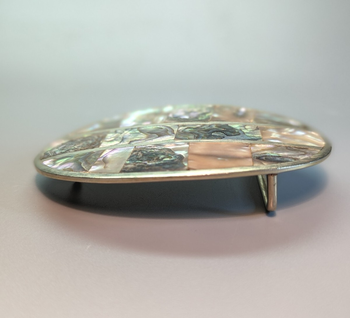 Vintage weighted, abalone mother of pearl shell, Silvertone 3”x2” belt buckle Vintage Silver and Abalone Western Belt Buckle — The Old  main image 2