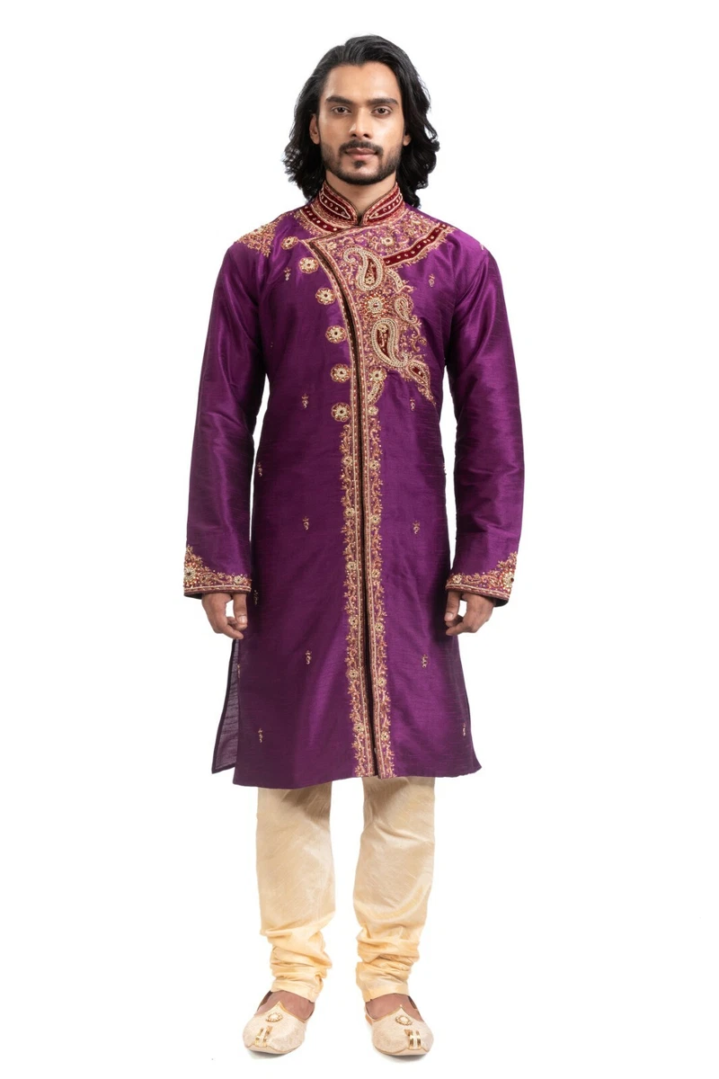 Kurta Uomo KISAH In Cotone Beige: Ricamo Geometrico, Colletto Coreano, Eleganza Etnica