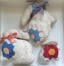 Vintage Homemade patchwork quilted stuffed bunny lot Farmhouse decor country