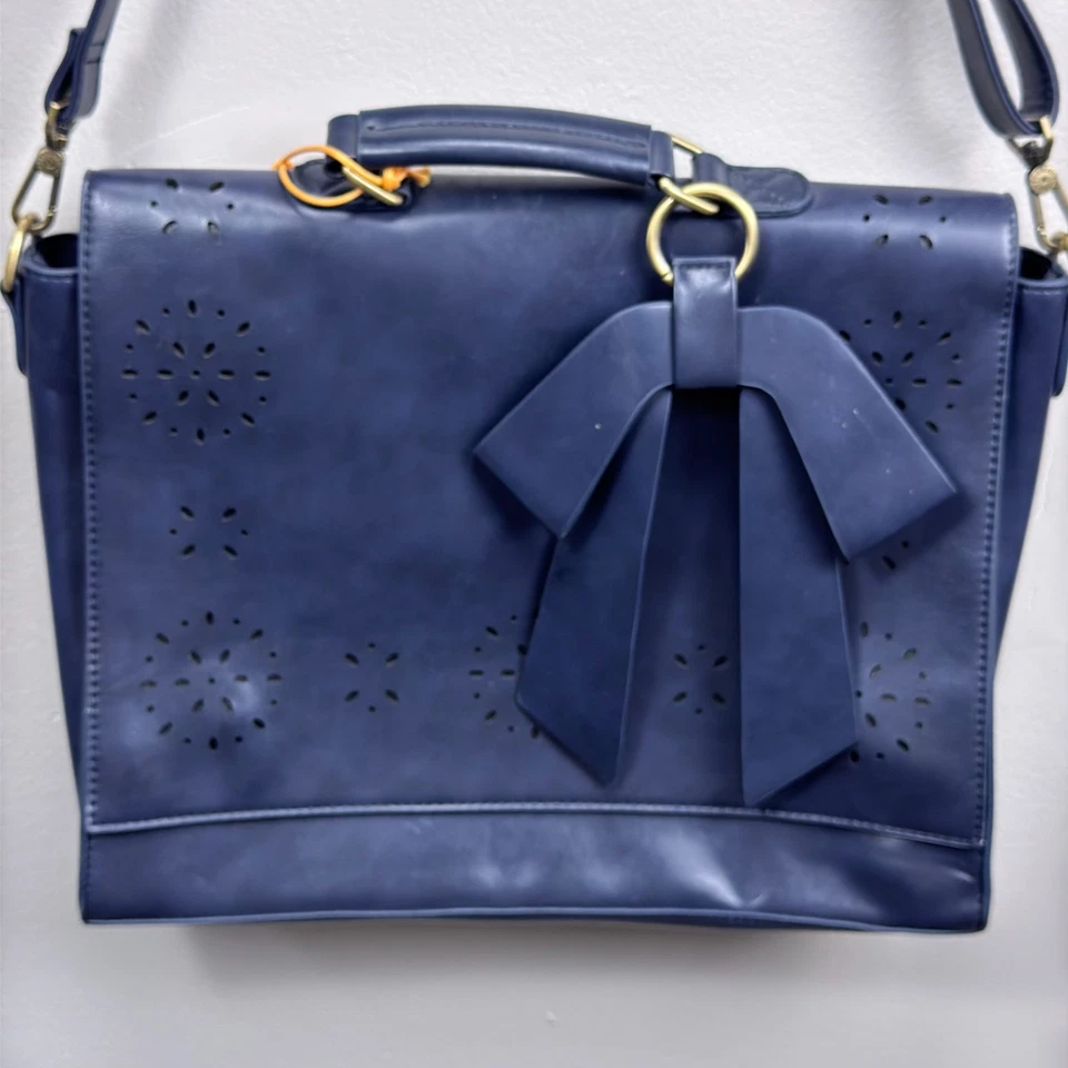 Ecosusi Womens Leather Laptop Tote Bag Navy Bow Academia Ivy League Editorial - Image 2 of 4