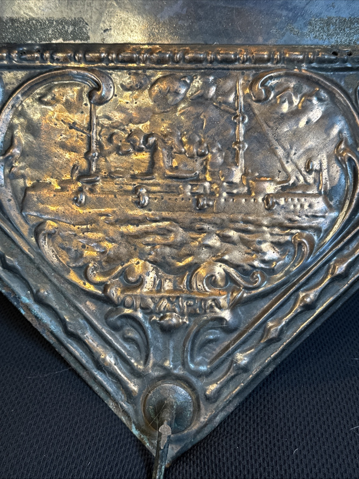 1890s Antique USS OLYMPIA Our Nations Pride Hammered Copper On Wood Mirror RARE
