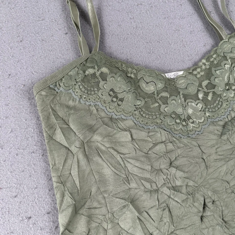 Vintage Y2K Dressbarn Lace Crinkle Cami Tank Top Small Green Earth Fairy Garden - Image 2 of 4
