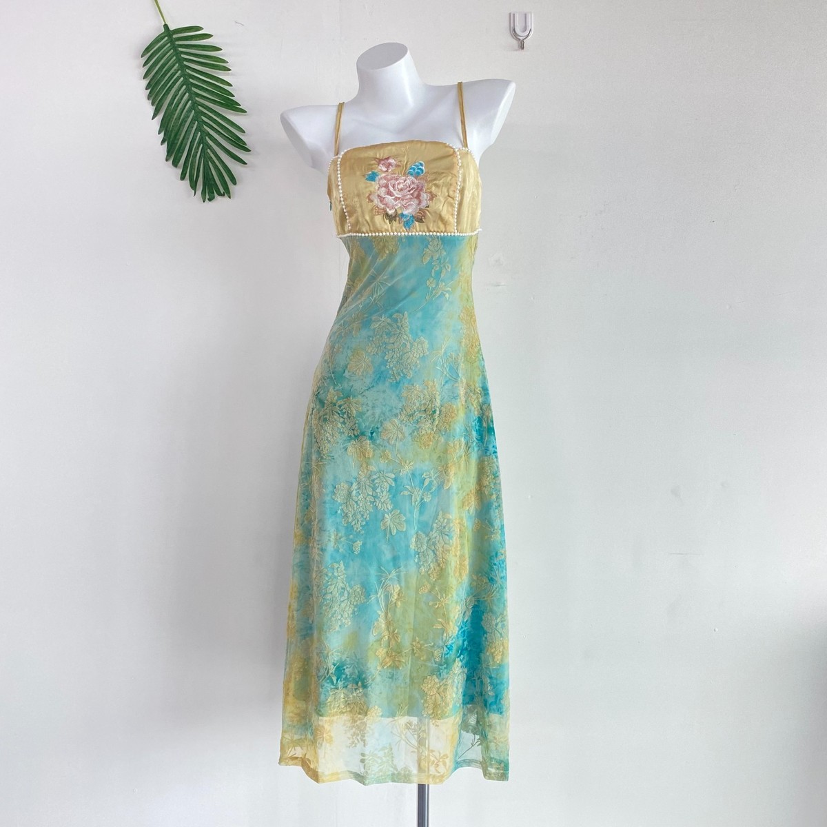 90s midi slip dress Floral Embroidered 90s/Y2K Fairycore Style Size:44 Soft Moments Vintage Dress Barber Red Halter Neck
