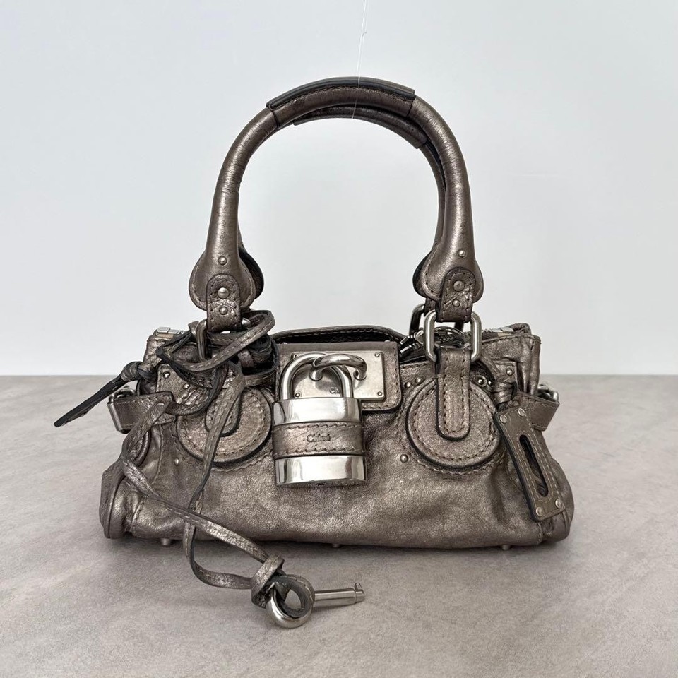 Chloe Mini Paddington Metallic Leather Handbag Silver HDW Shoulder Auth Y2K