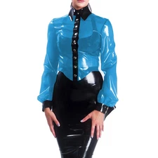 Turn-down Collar Clear Plastic PVC Shirts Long Sleeve Patchwork Button-up Tops