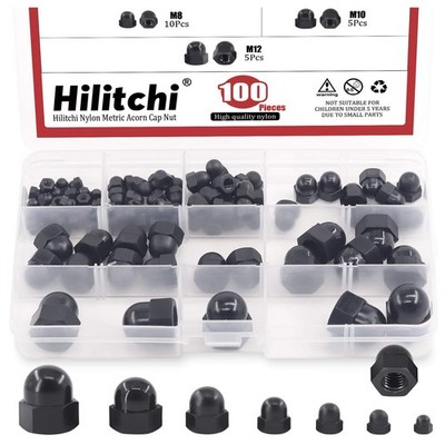 Hilitchi 7Sizes 100Pcs Black Nylon Acorn Nut Metric Inner Black,