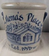 Cobalt Decorated 1998 Rowe Pottery Salt Glazed Crock Mema's Place 1996 7.5x8"