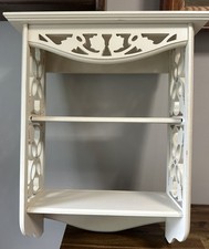 Vintage White Wood Wall Curio Shelf Scroll Fretwork Cottage Farmhouse