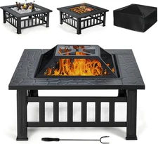 3 in 1 Outdoor Fire Pit, 32 Inch Square Steel Fireplace with Spark Screen, Log G