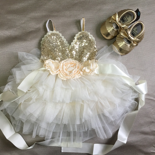 Shinny Flower Girls Dress Party Gown Gold Sequined Layered Tutu Dress Clothing - Picture 13 of 25